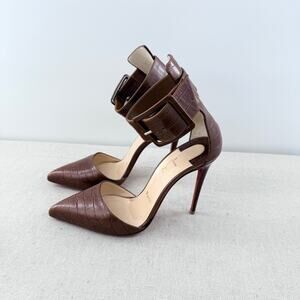 Christian Louboutin Embossed Leather Ankle Strap High Heel Pumps Brown EU 37